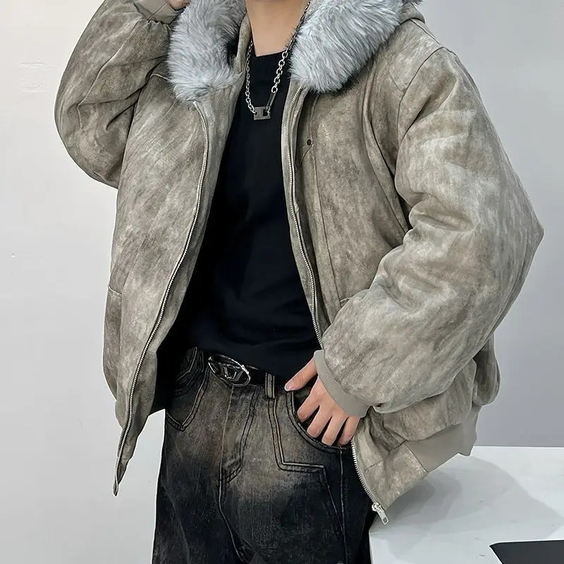 Winter mens cotton jacket with fur collar eagle embroidery and tie-dye outdoor style jacket thickens and comfortable 251105