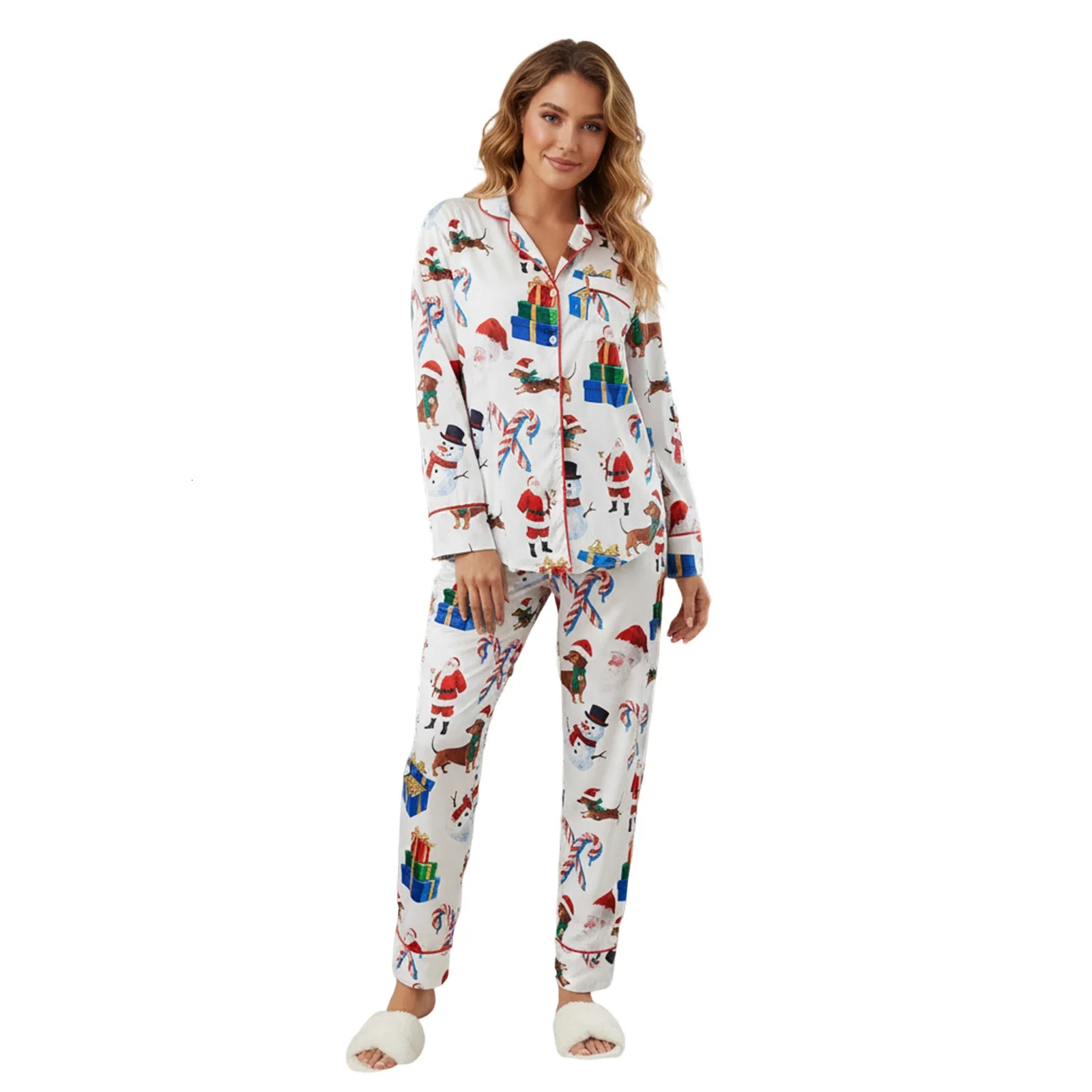Women Christmas Pajama Set Bow Dog Snowman Print Long Sleeve Shirt with Pants Sleepwear Loungewear 251106