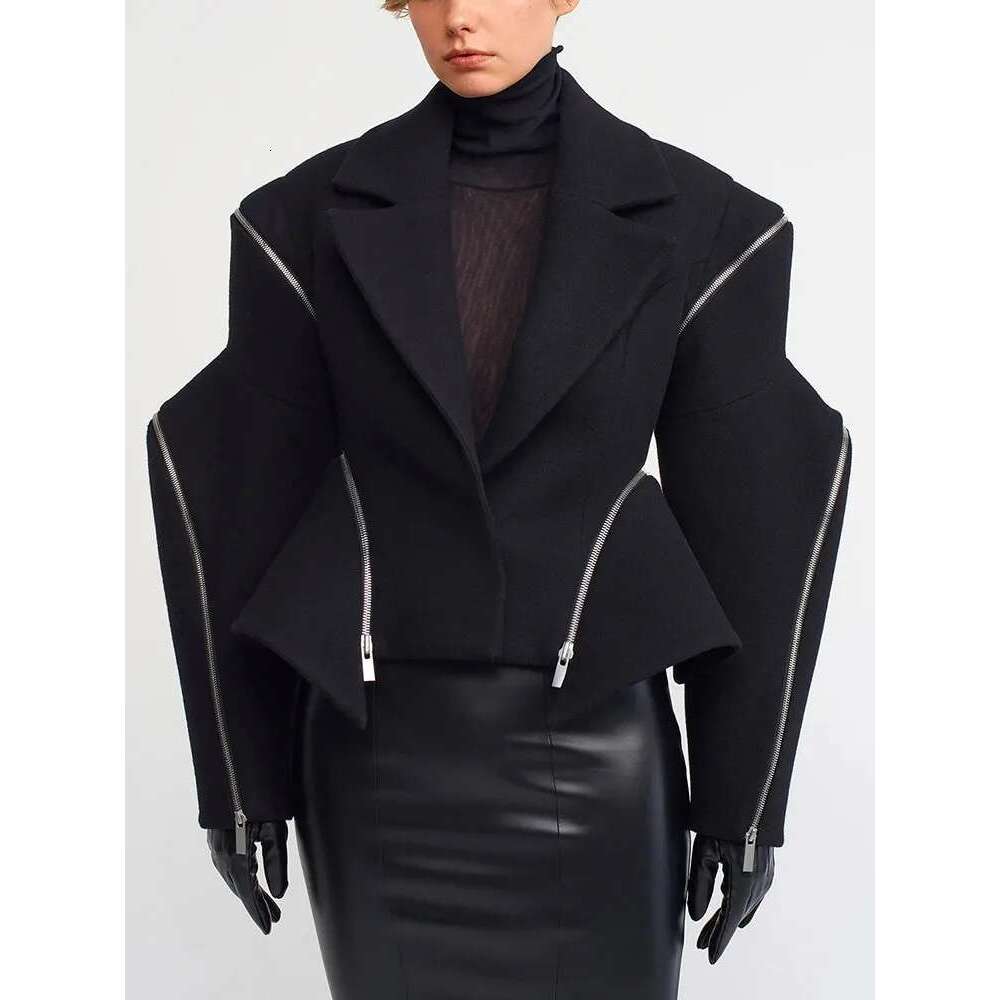 TWOTWINSTYLE Solid Spliced Zipper Jackets For Women Notched Collar Long Sleeve Patchwork Button Streetwear Coats Female Fashion