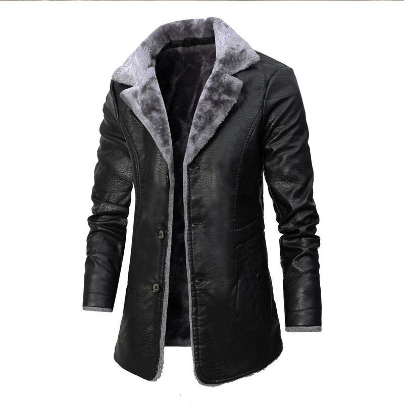 Men Winter Long Thick Fleece PU Leather Jacket Winter Fashion Suit Collar Mens Windbreaker Leather Jacket Coats 251107