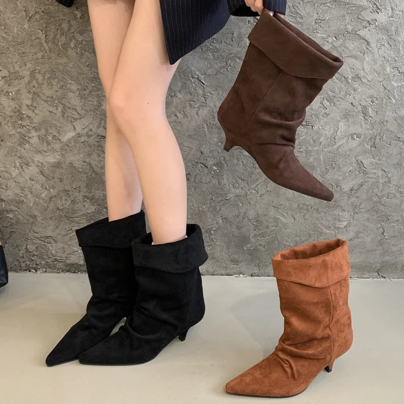 Eilyken Street Style Winter Pointed Toe Thin Low Heel Ankle Boots Women er Turned Over Edge Shoes SHort Botas 251110