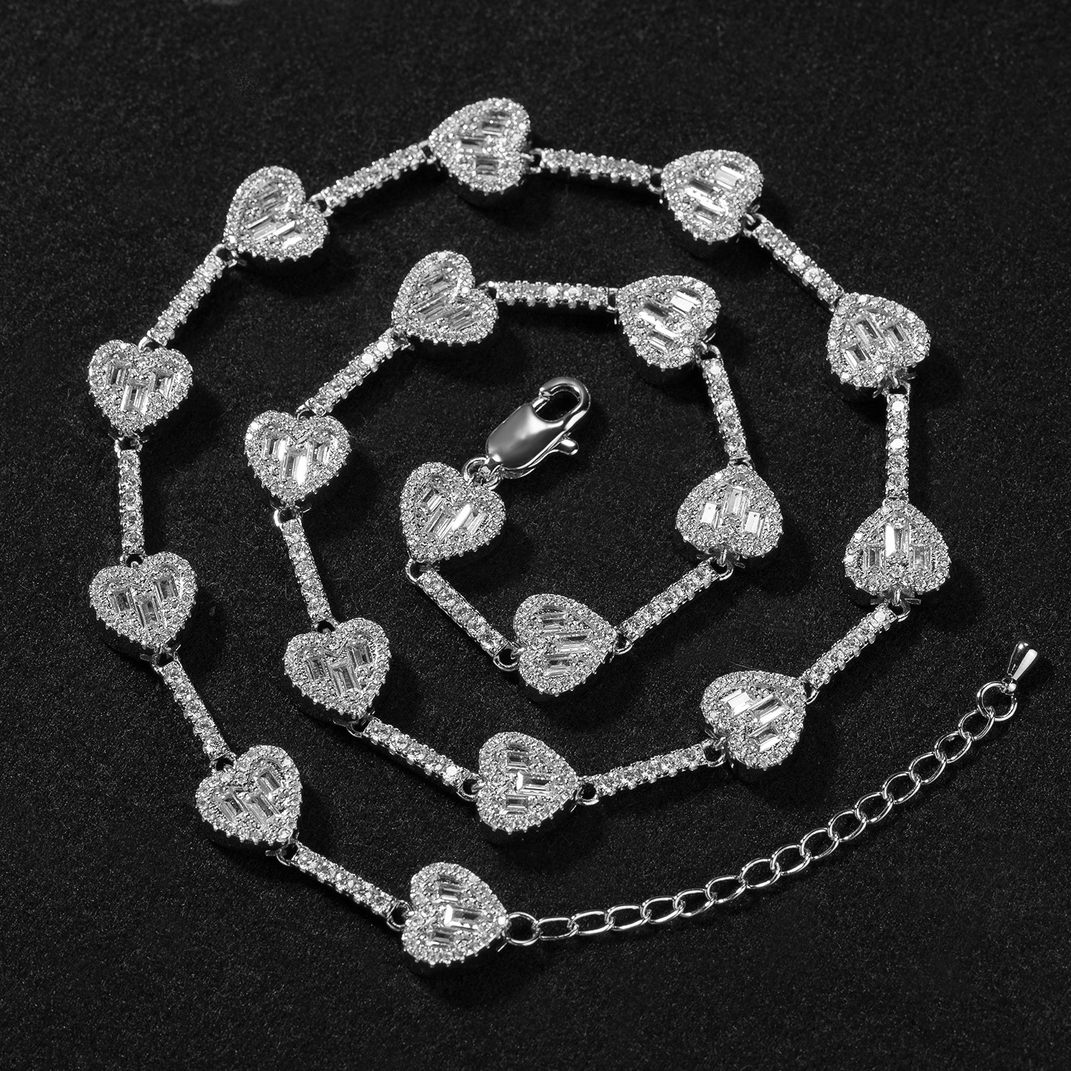 Hip Hop Love Heart Shaped Charms Tennis Chain Necklace Bracelet 14k Gold Plated Copper Prong Bling Baguette Cubic Zircon Luxury Fine Quality Party Rap