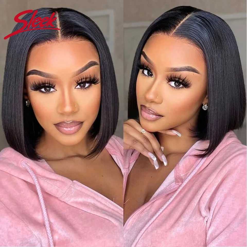 Brazilian Straight Lace Bob Wigs Sleek Short Lace Part Human Hair Wigs 200 Density Cheap Nature Remy Black Dark Hair WigsT251111