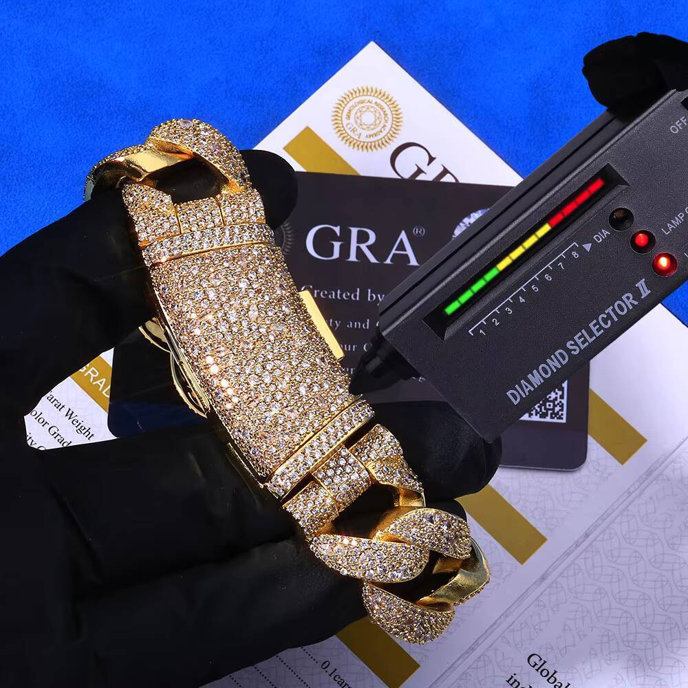 NUOYA 22mm Cuban Chain 925 Silver VVS Moissanite Bracelet Iced Curved Buckle Mens Hip Hop Jewelry