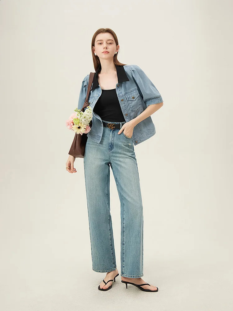 FSLE Contrastive Color Polo Neck Denim Shirt Summer Half Sleeve Puff 100 Cotton Single Chest 24FS12237 250411e