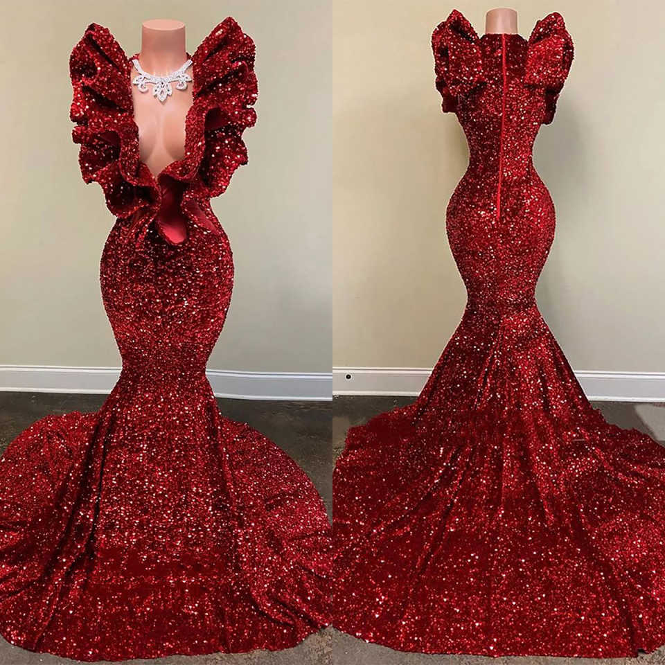 Luxury Sequined Mermaid Prom Dress Black Girls Sequins Ruffles V Neck Birthday Party Evening Gowns Customized Robes de