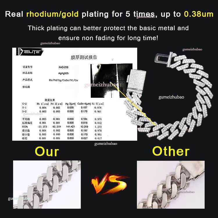 Gold Plated 100% Pass Tester 2rows VVS Moissanite 8mm-15mm Wide Sier Cuban k Chain for Hip Hop Rapper Jewelry