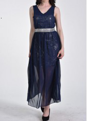 2025 women's V-neck backless waist mesh evening dress, long skirt