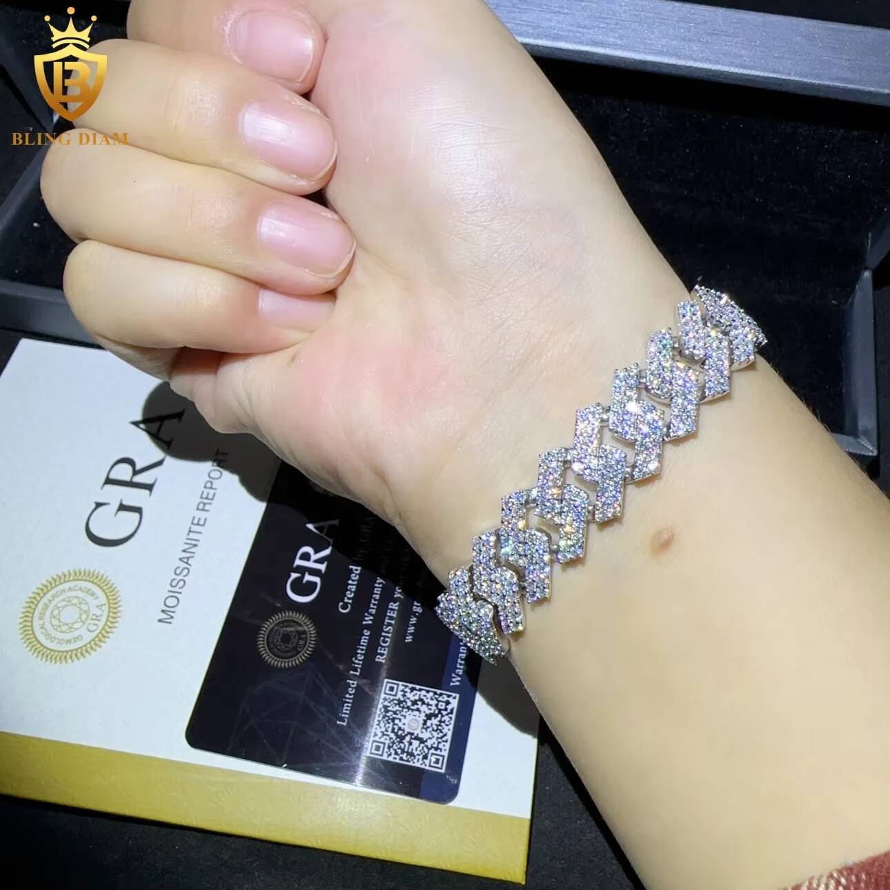 VVS Moissanite Diamond Fashion Hip Hop Fine Jewelry Iced Out 925 Sterling Silver 13mm Luxury Hip Hop VVS Moissanite Bracelet