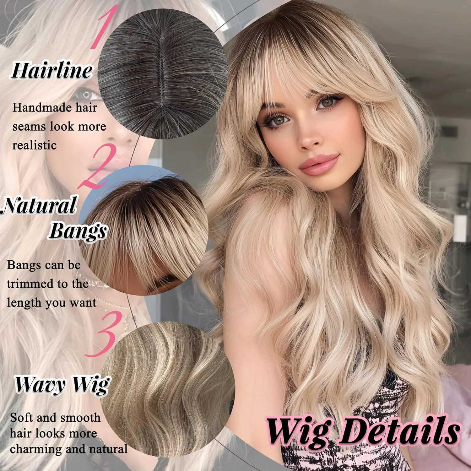 Ombre Blonde Wig with Bangs Long Wavy Wig Platinum Blonde Wigs for Women with Dark Roots Natural Synthetic Wigs Curly HairT251111