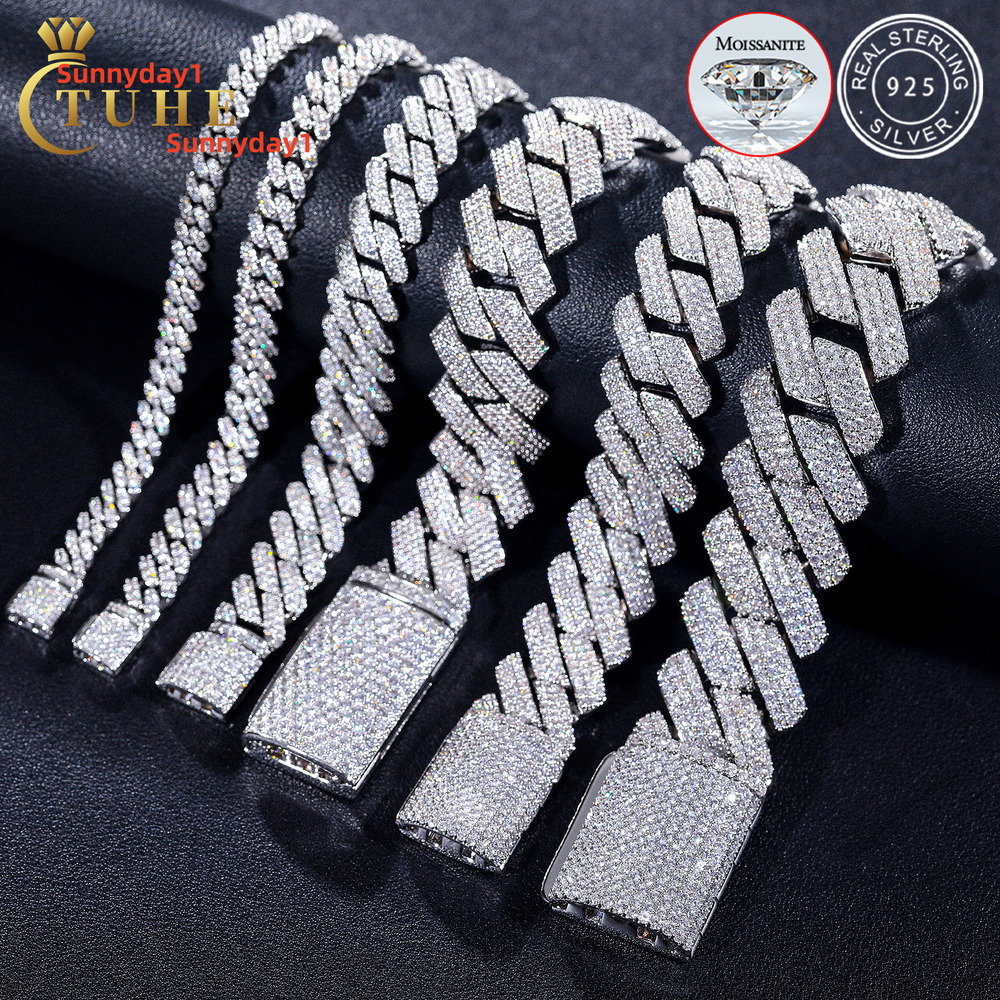 Mossanite Hip Hop Jewelry 6mm-25mm Pass Diamond Tester 925 Sterling Silver VVS Moissanite Iced Out Cuban Link Bracelet for Mens