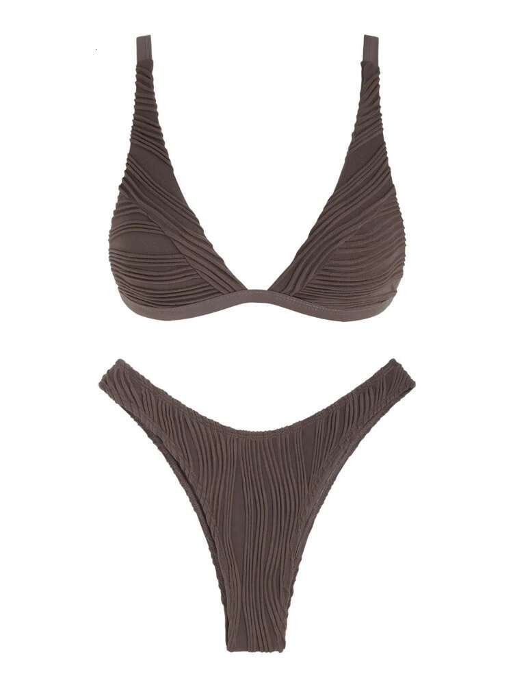 ZAFUL women swimwear Textured High Cut Bikini Swimwear