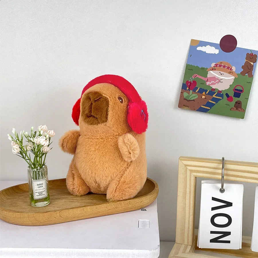 Cute capybara with headphones kids toy head cover cappibala doll keychain pendant soft stuffed animal doll couple keychain gift 250407