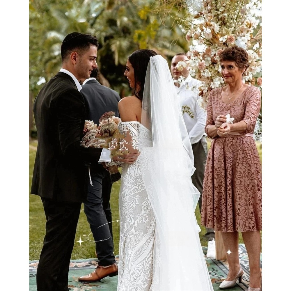 Boho Mermaid Wedding Dress Strapless Sulfur Sleeves Lace Applique Elegant Bridal Gowns Customized Vestidos De Novia