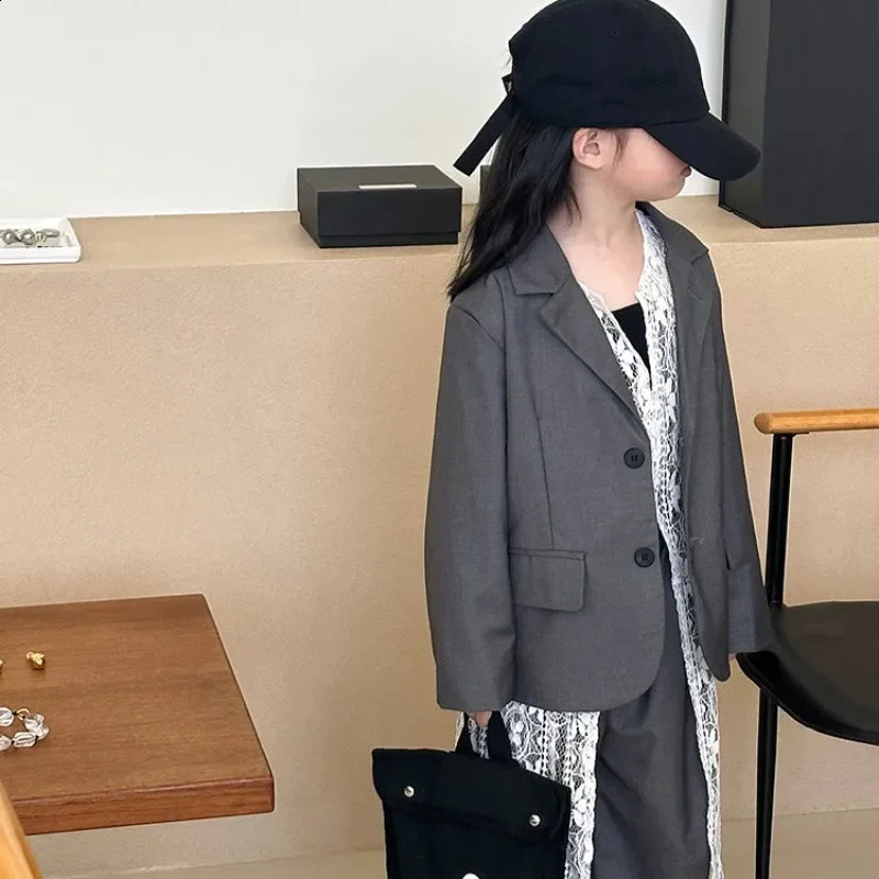Girls Grey Suit Autumn Casual Loose Blazer Skirt Two Pieces School Uniform for Kids Wedding Party Formal Costumes 2-13 Year 250410