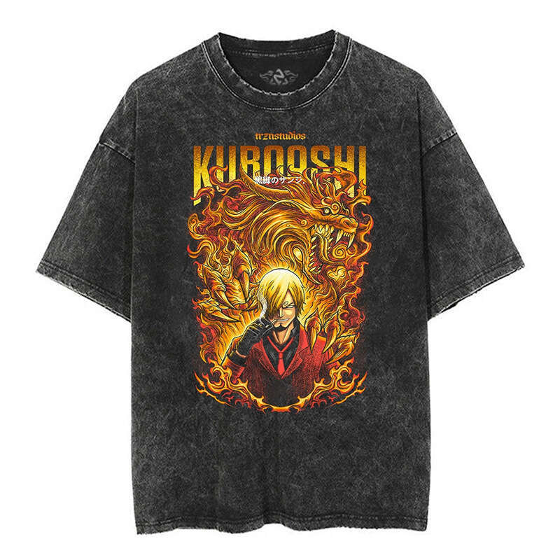 New Japanese classic One Piece Luffy anime oversize high street vintage washed wax printed short sleeved T-shirt