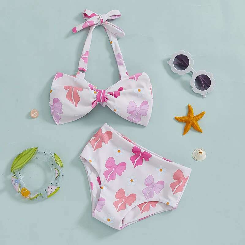Kids Girl 2 Piece Swimsuits Summer Bow Print Halter Neck Tops and Elastic Shorts Set Bikini Bathing Suits