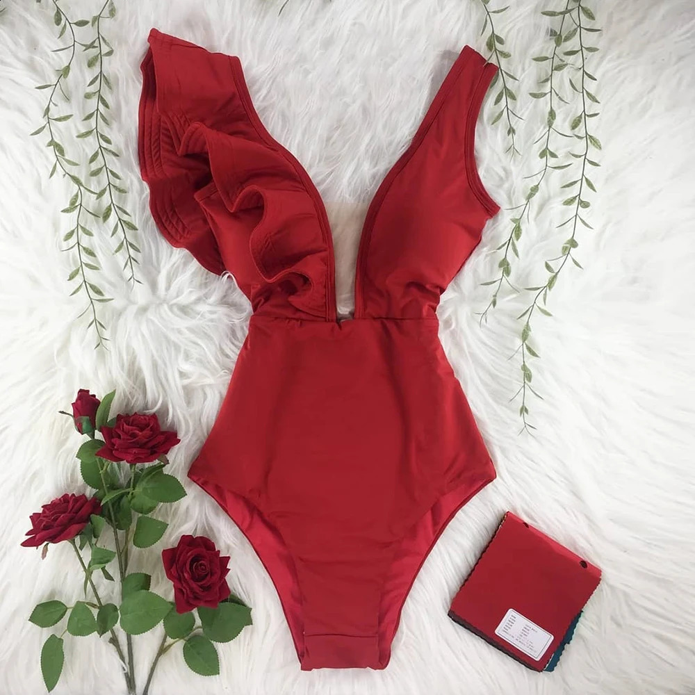 2025 Sexy Ruffle Print Floral One Piece Swimsuit Off The Shoulder Swimwear Women Solid Deep-V Beachwear Bathing Suit Monkini 250410