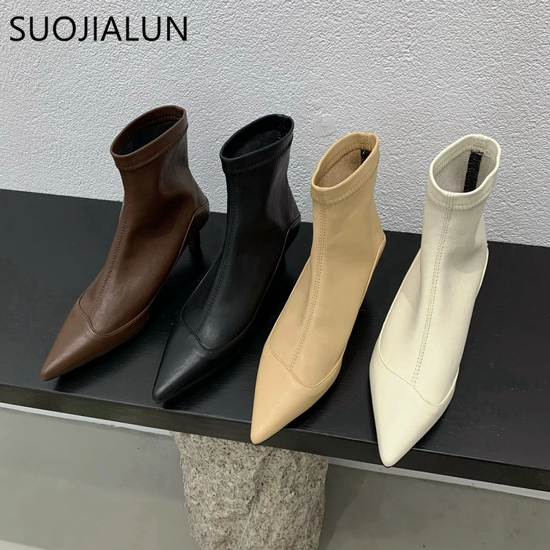 SUOJIALUN Winter Thin Low Heel Women Ankle Boots Fashion Pointed Toe Slip On Chelsea Boots Shoes Soft Leather Short Boots 251110