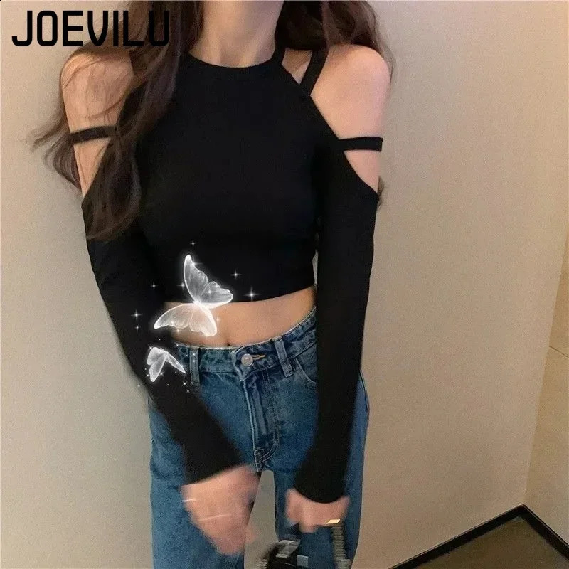 JOEVILU Hollow Top Shoulder Sexy Long Sleeve Tshirt Womens Korean Harajuku High Waist Tight Bottom Shirt 250407