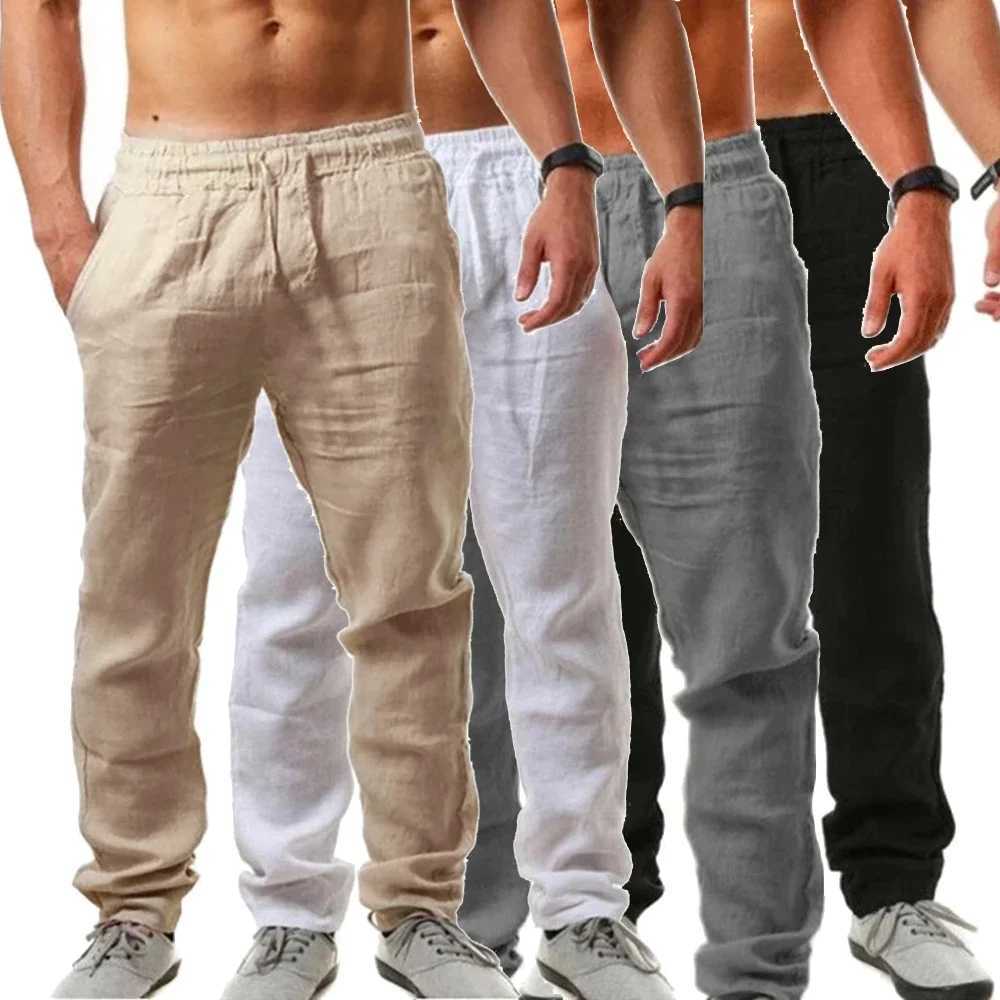 Mens cotton linen pants linen breathable elastic waist pants breathable casual jogging fitness Trouser summer sports pantsXJ250410