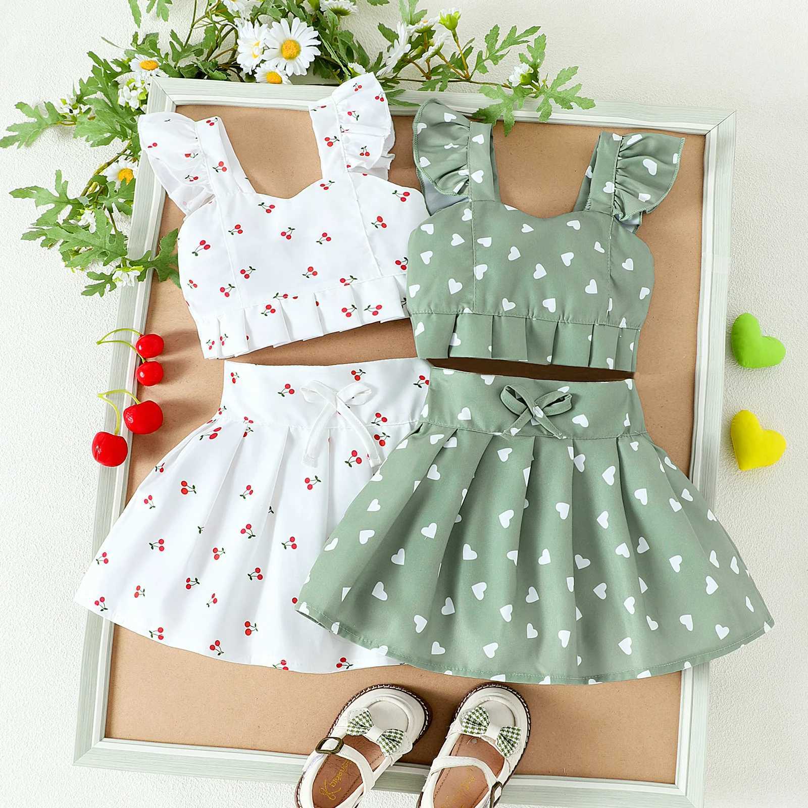 2PCS Summer New Sled Girl 1-4 Years Old Comfortable and Cute Cherry Love Pattern Top+Sprint SetXJ250410