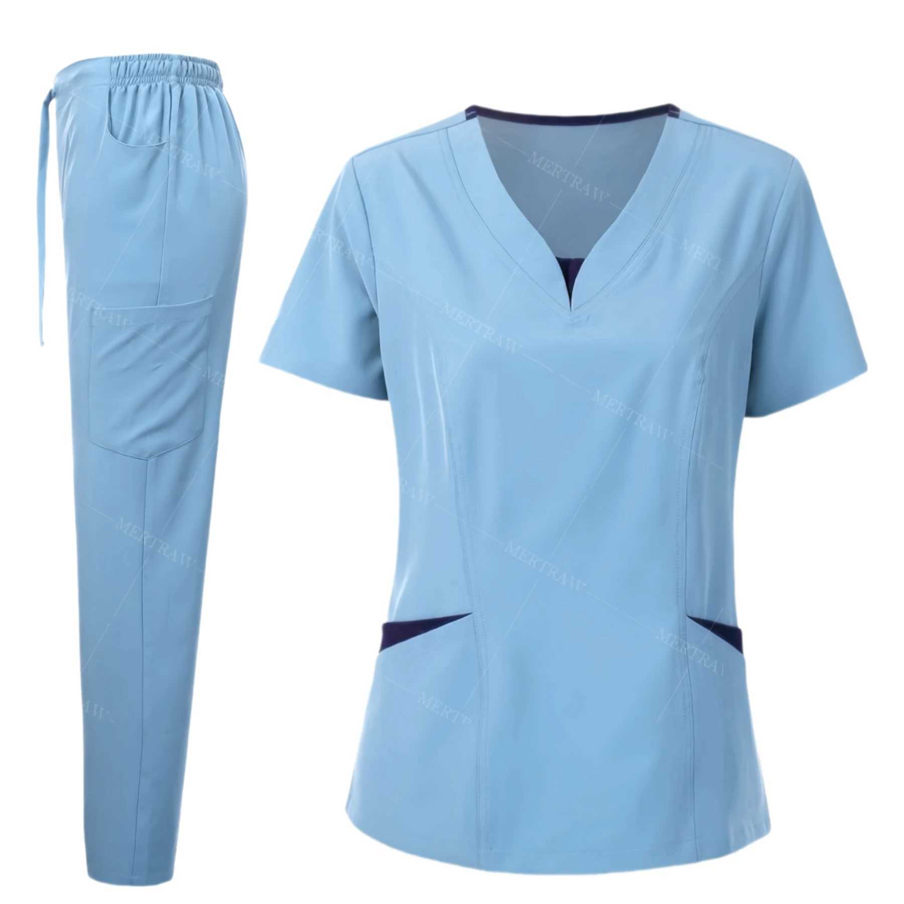 A frosted suit suitable for female nurses stylish V-neck oversized nursing shirt beautiful solid color workwear frosted top and pants X250410