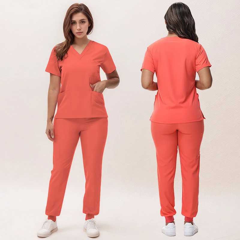 2025 New Nurse Uniform V-neck Top Running Pants Matte Set Surgical Work Clothes Dental Care Set Hospital Doctor Set S21 X2504101