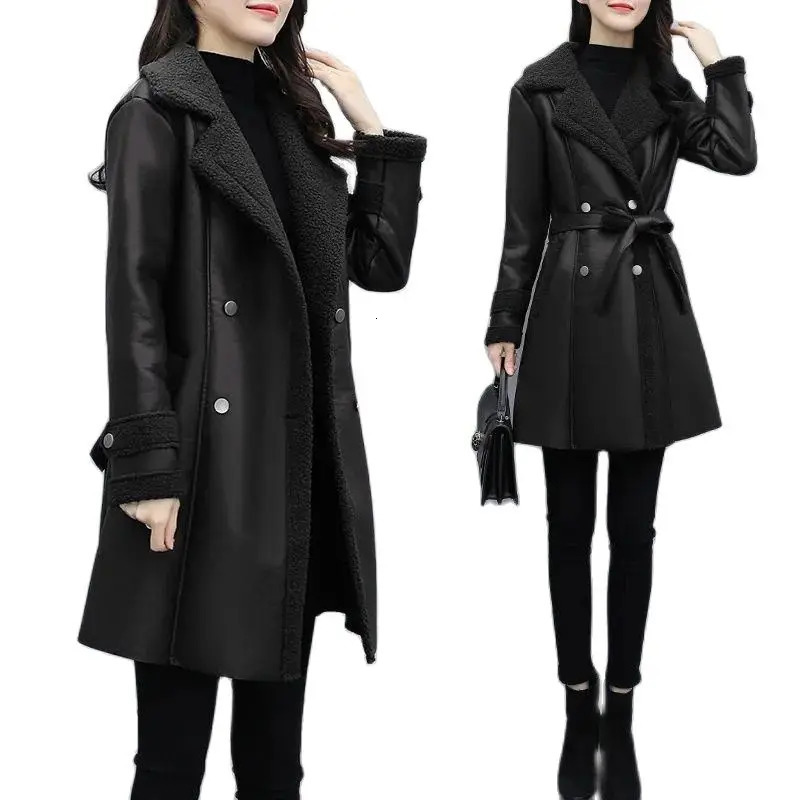 2025 Autumn Winter Jacket Womens Fur One PU Leather Coats Loose Ladies Outwear With Thicker Overcoat Female Tops 251103