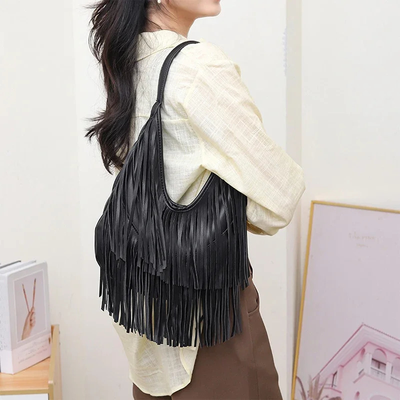 Long Tassel Hobo Underarm Shoulder Bager Large Capacity Women Tote BagTrendy Solid Color Soft PU HandbagBlackBrown 251110
