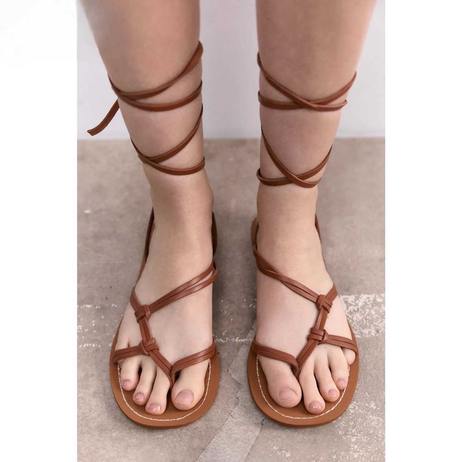 Strappy Sandals Fairy Wind 2024 Summer New Thick Bottom Fi Tie Flat Roman Holiday SandalsXJ250410