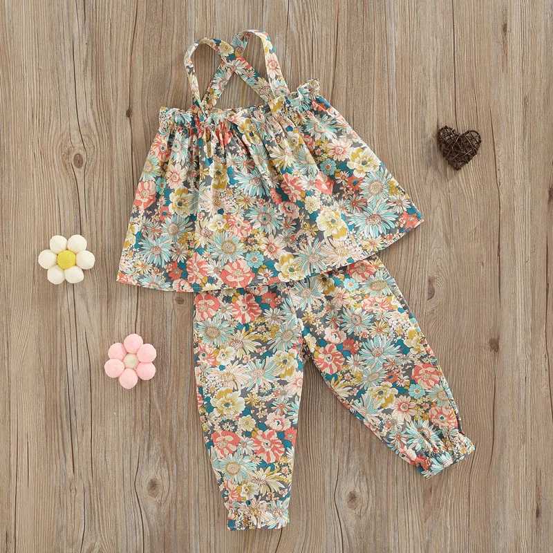 1-5 year preschool girls summer set sleeveless and backless vest+elastic band floral pants for girls casual 2-piece setXJ250410
