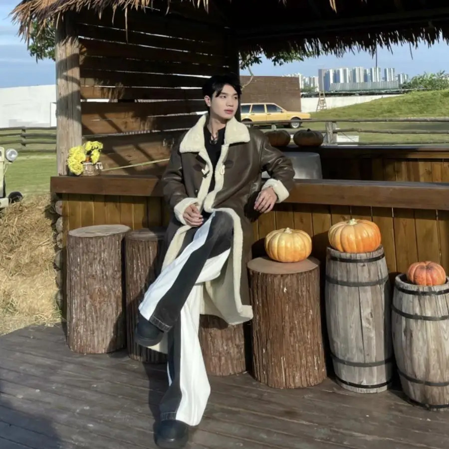 Trend Warm Long Trench Coat Mens Winter Faux Fur Lined Jacket Thicken Warm Versatile Faux Fur Coat PU Leather Overcoat 251110