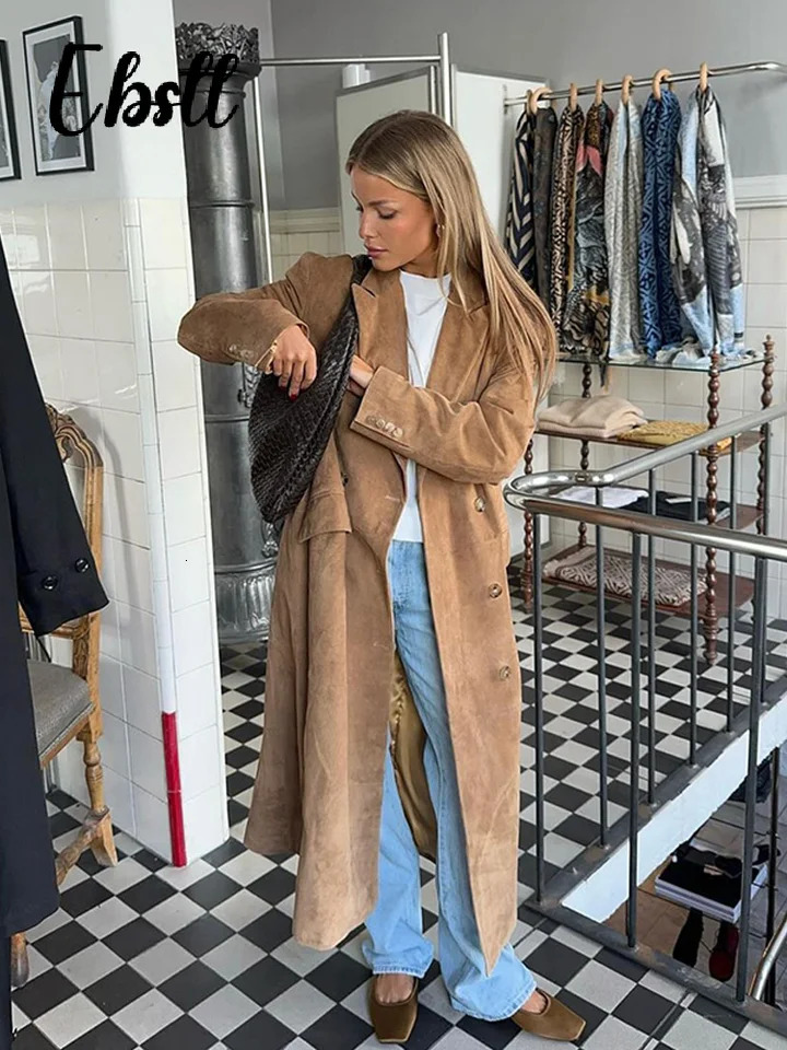 High Street Double-breasted Suede Jackets Womens Vintage Turn-down Collar Split Long Coat Autumn Winter Ladies Outwear 251106