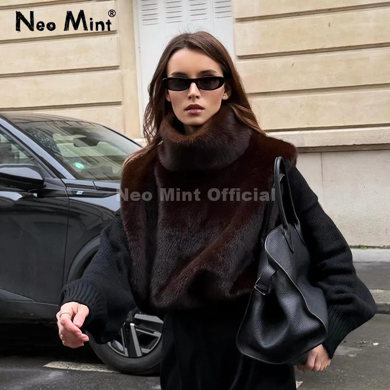 Neo Mint Eco Mink Fur Tank Top Sleeveless Jacket Coat Women Fashion Faux Fur Sable Vest Crop Autumn Winter Turtleneck 251110