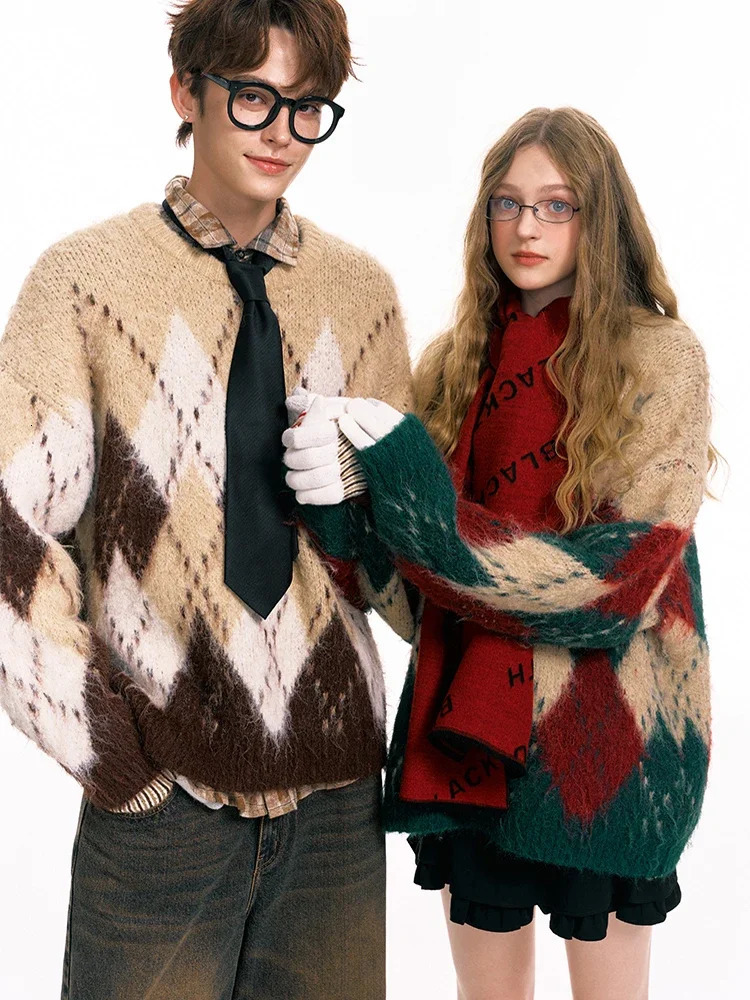 Spliced Christmas Red Diamond Grid Top Checkered Round Neck Knit Long Sleeve Retro Sweater Women Street Loose Casual 251106