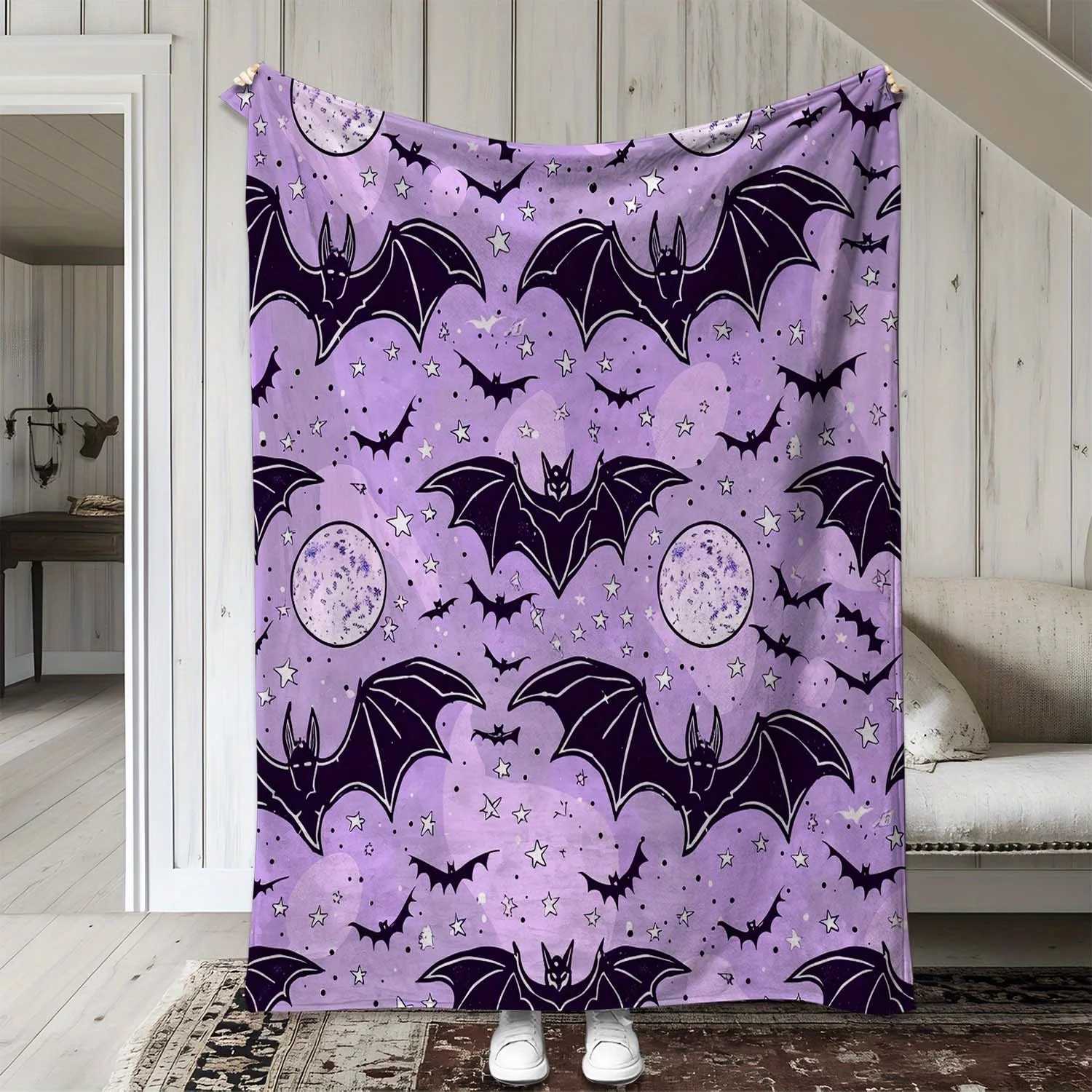 1pc Sdoo Halloween Flannel Blanket - Purple Vampire bats Gothic Print Stars - Soft Warm Throw for Couch Bed Camping Travel C251111