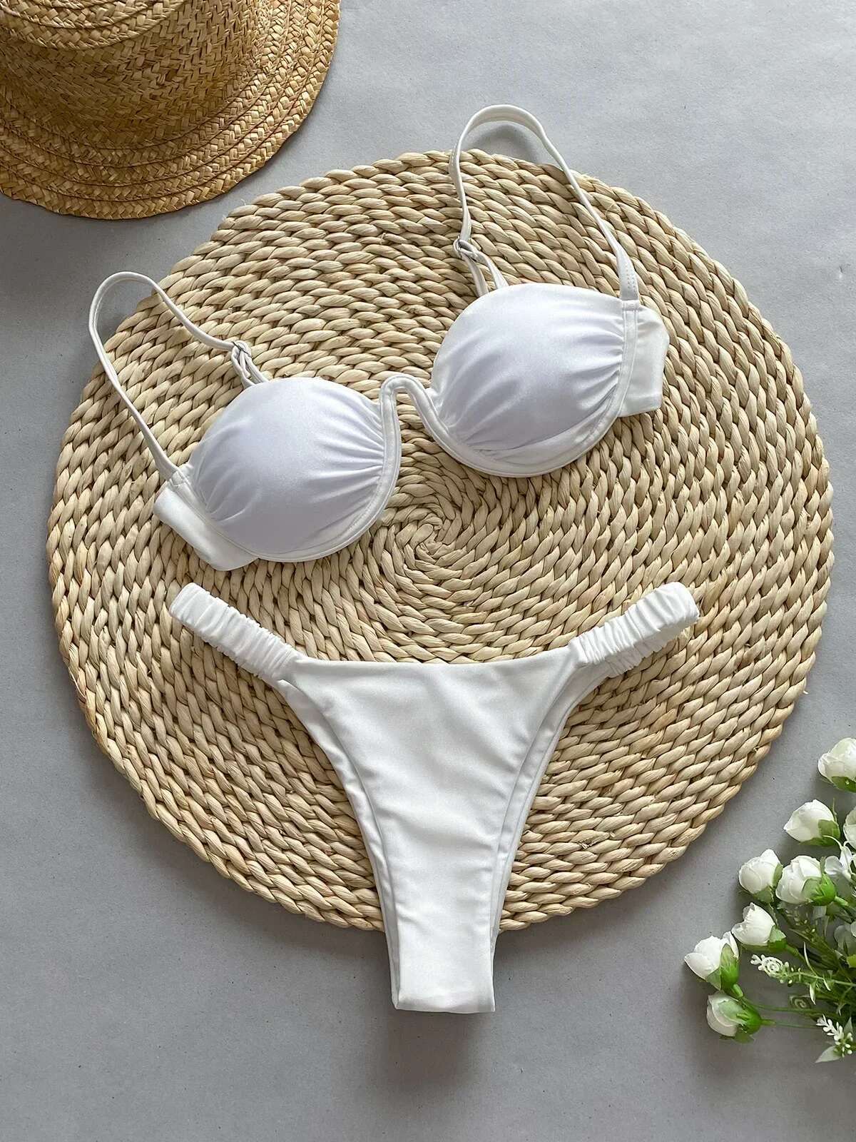 Sexy 3D wer Bikini Set 2025 Women Black White V Wire Underwired Micro Mini Swimsuit Beach Bathing Suit Pleate Thong Swimwear