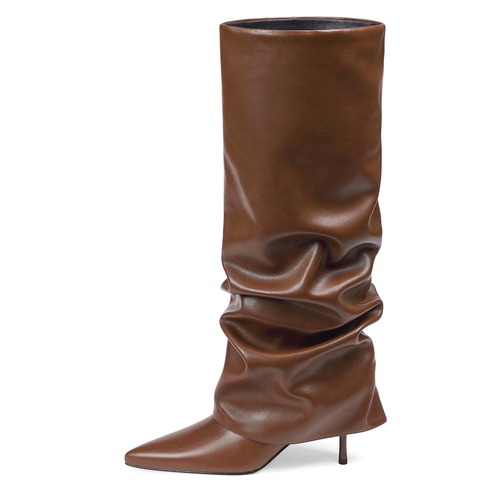 Chengdu Handmade Pointed Toe Stacked Boots Women's Stiletto Heels Crinkle Knee High Boots Fashion Dress Boots