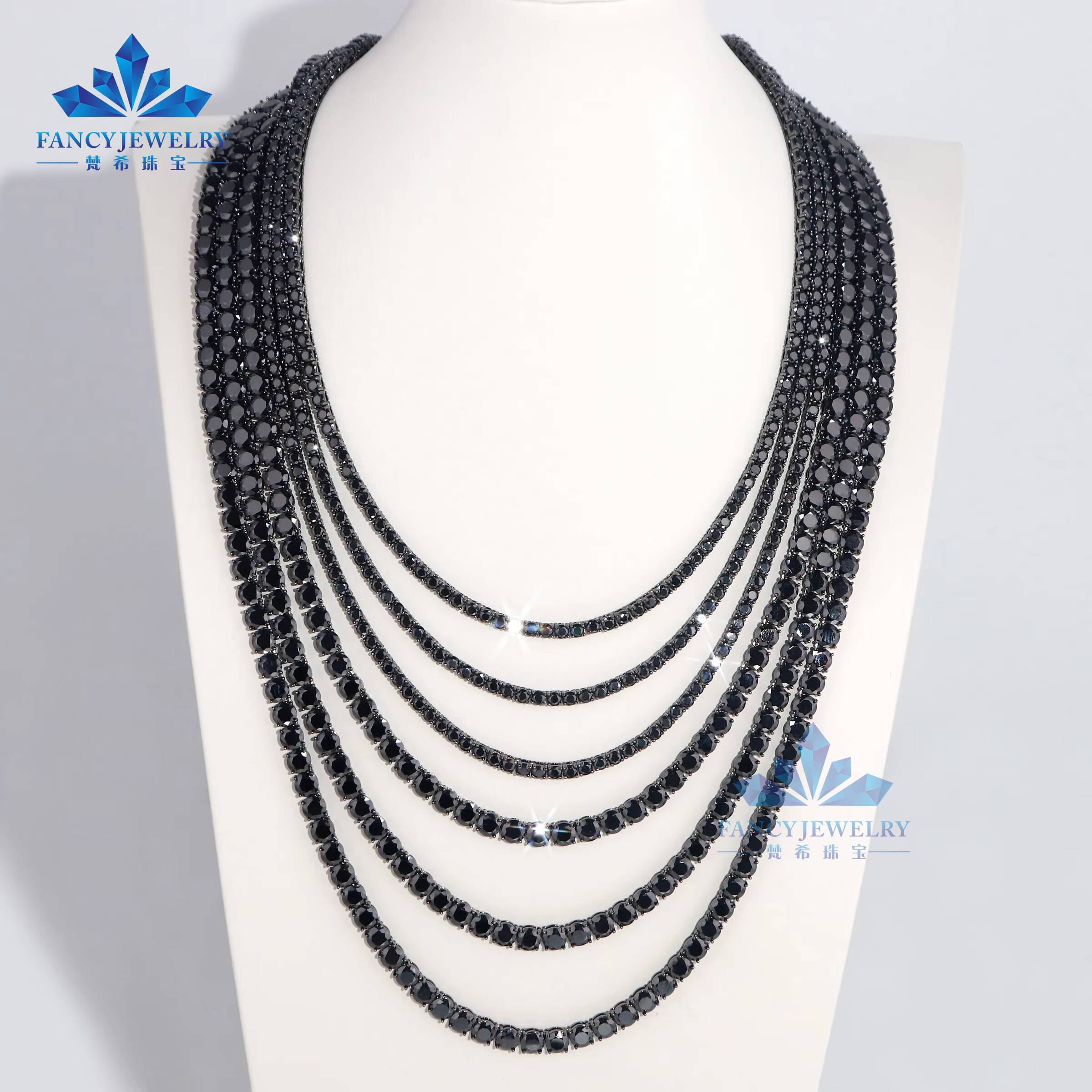 S925 Hiphop Style Tennis Chain Bracelet and Necklace Round Cut Black Moissanite Diamond Certified with GRA Certificate