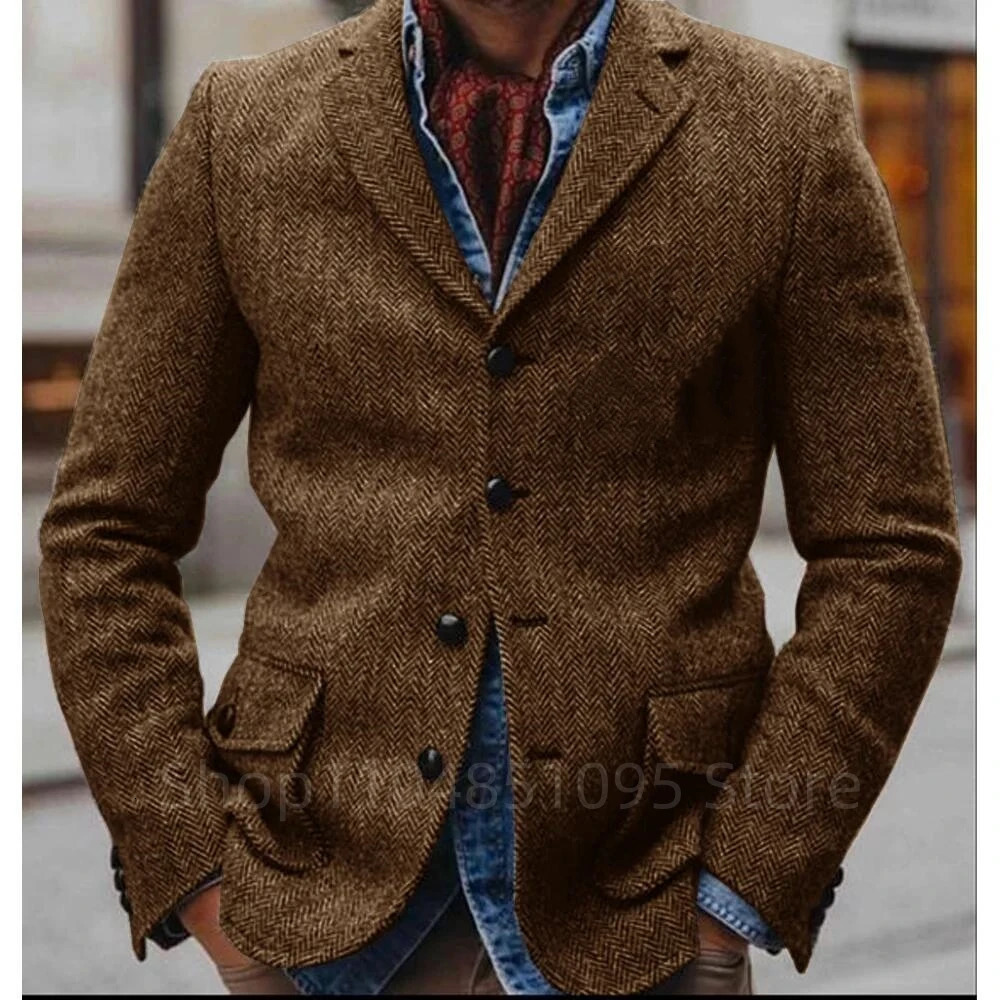 Only CoatBrown Herringbone Mens Suit Blazer Prom Tuxedos Wool Tweed Single Breasted Two Buttons Bussiness/Wedding Jacket Tops 251106