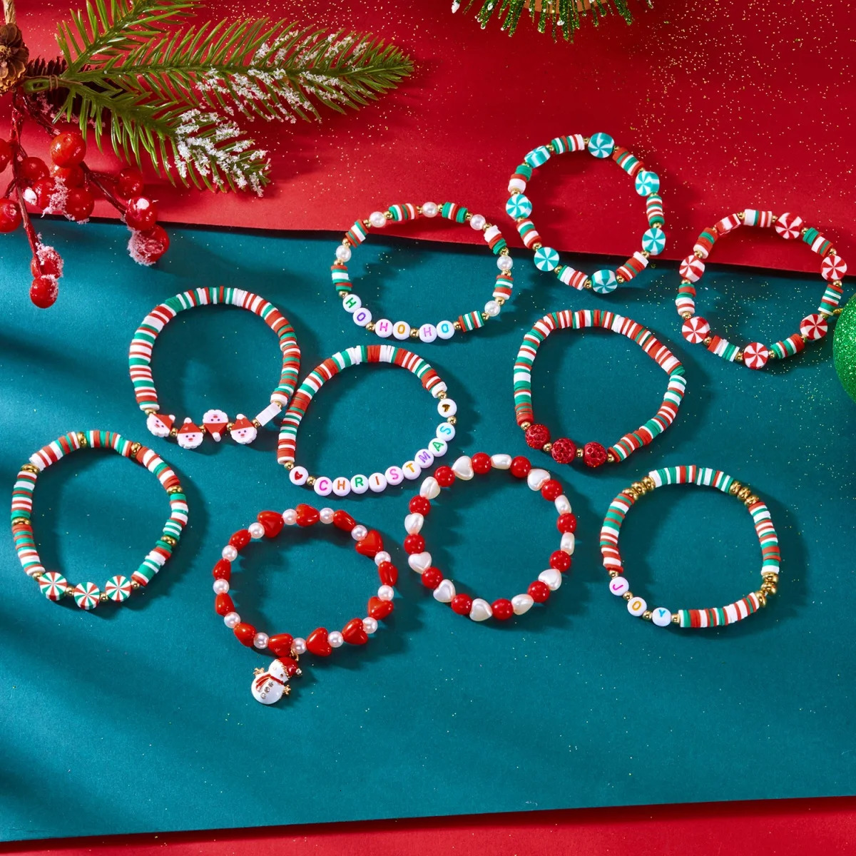 10PcsSet Multilayer Christmas Bracelet Snowman Tree Gift Box Snowflake Santa Claus Soft Clay Beads Bangle For Women Men Jewelry 251103