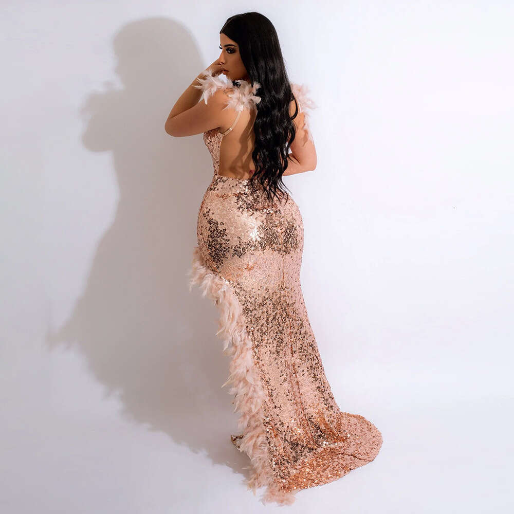 Sexy Feather Strap High Slit Sequin Backless Night club maxi dress Party Nightclub Style SEXY DRESSES FOR WOMEN