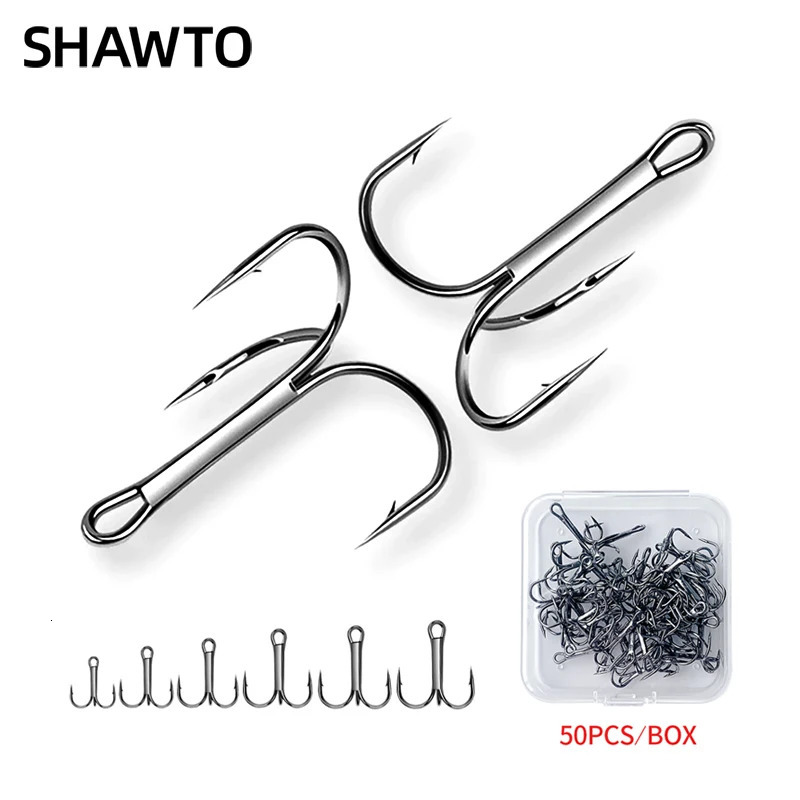 Shawto 50Pcs Round Fishing Hook Black High Carbon Treble Hooks Saltwater Super Sharp Solid Size 6 10 12 FishHook For Lures 251103