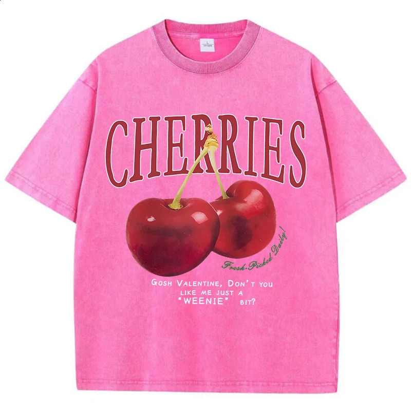 Women Cotton Washed T-Shirts Trend O-Neck Distressed Tops Fresh Red Cherries Print Short Sleeve Summer Street Female Clothes 250410