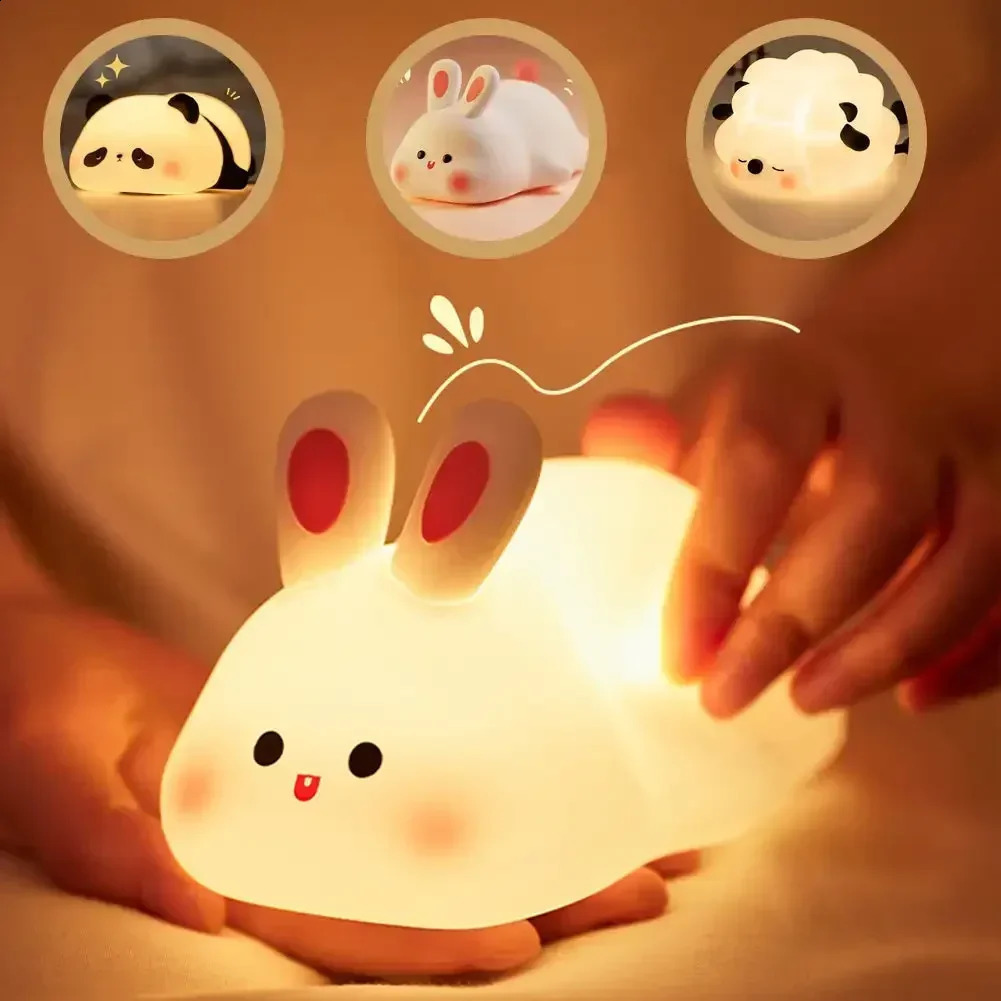 Cute Rabbit Silicone Night Lamp Touch Sensor Big Face Rabbit Pat Night Light Timing USB Rechargeable Light for Kids Gift 250410
