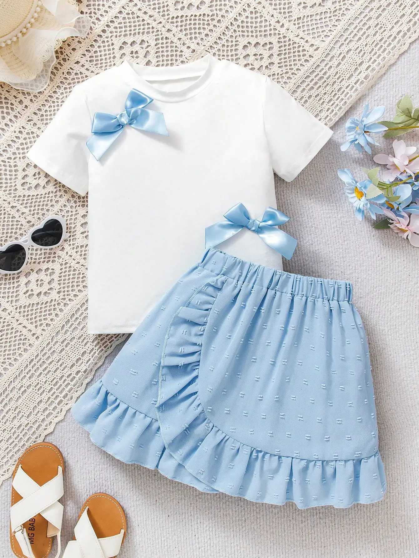 Girls Blue Bow Tee Tiered Skirt Set#Sweet Preppy Outfit for Ages 4-7School/PartiesS/SXJ250410