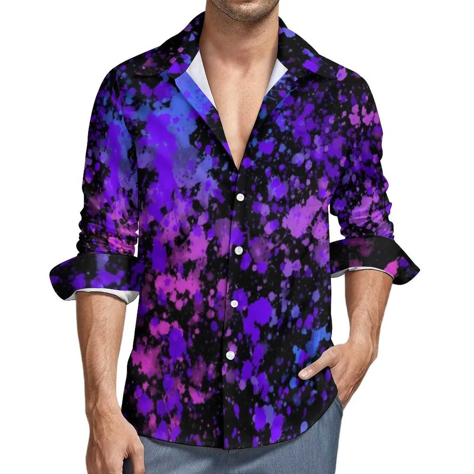 Novel Colorful Neon Painted Man Shirt Fashion Splashed Ink Printed Pattern Long Sleeve Shirt Casual Lapel Long Sleeve Tops 2024 K251110