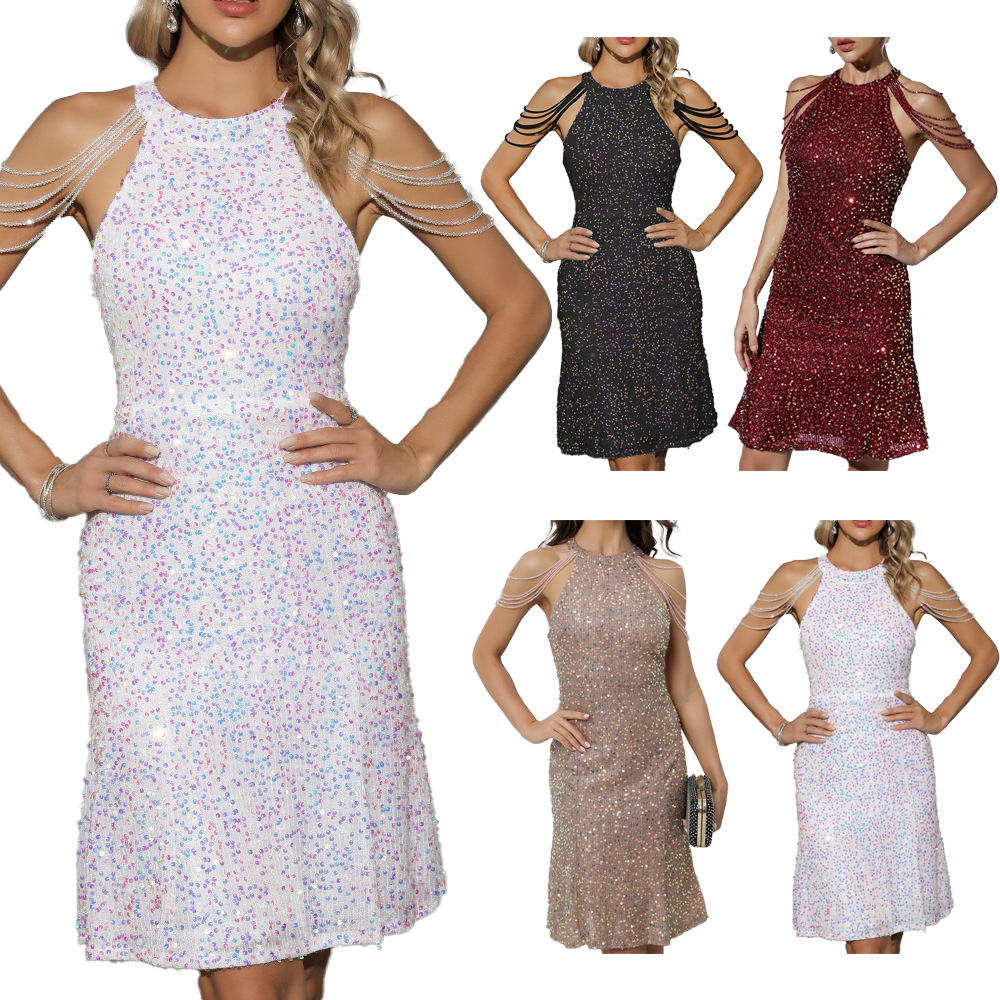 New Fashion Hanging Neck Sexy Crystal Tassel Wrap Hip Sequin Mid Waist Evening Dress
