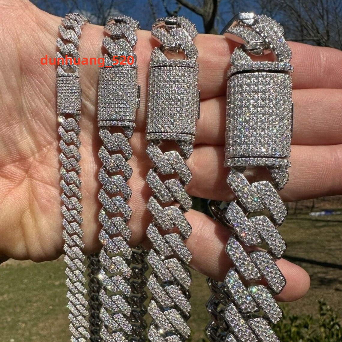 Hip Hop Luxury Mossanite Necklace Square 2 Rows 925 Sterling Silver 8-20mm Iced Out Prong Vvs Moissanite Cuban Link Chain